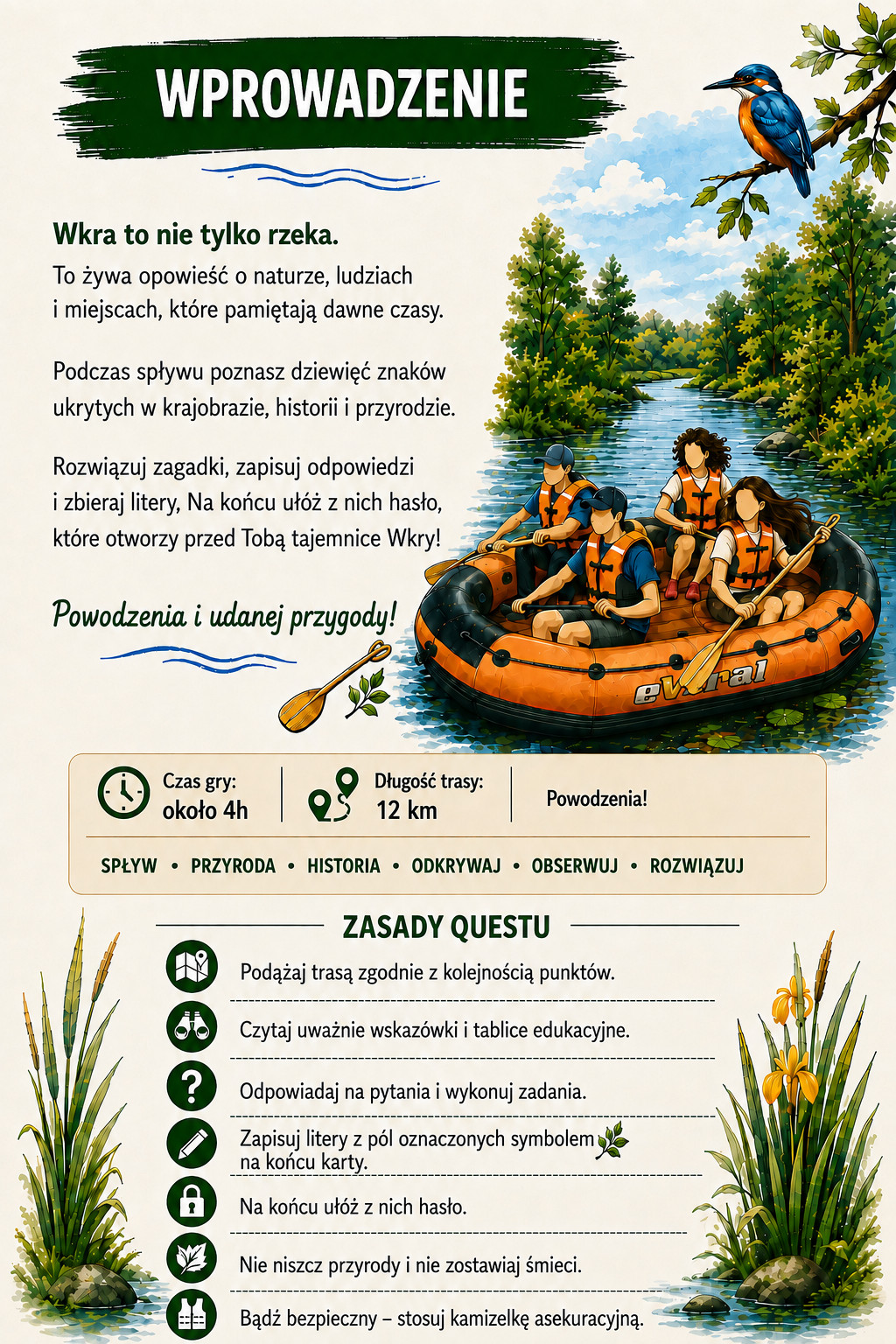 Wprowadzenie do questu: podczas spływu poznasz dziewięć znaków ukrytych w krajobrazie, historii i przyrodzie. Zasady: podążaj trasą, czytaj wskazówki, odpowiadaj na pytania, zapisuj litery, ułóż z nich hasło, nie niszcz przyrody i noś kamizelkę asekuracyjną.