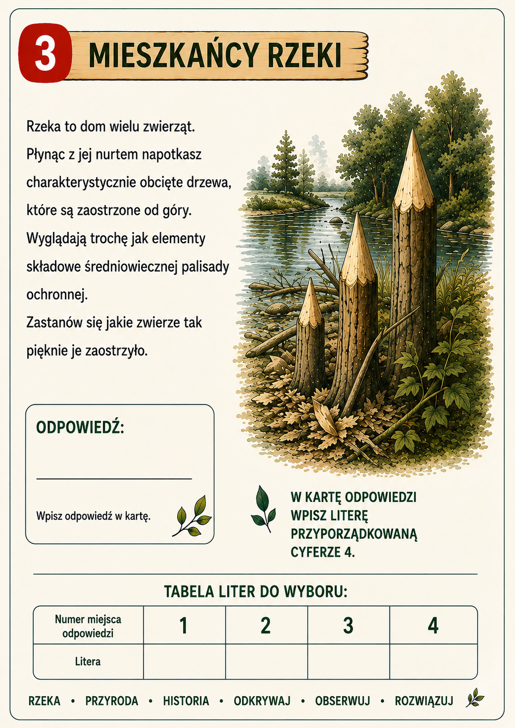 Zadanie 3: jakie zwierzę zaostrzyło pnie drzew nad Wkrą, tak że wyglądają jak palisada? Do karty odpowiedzi trafia litera z miejsca 4.