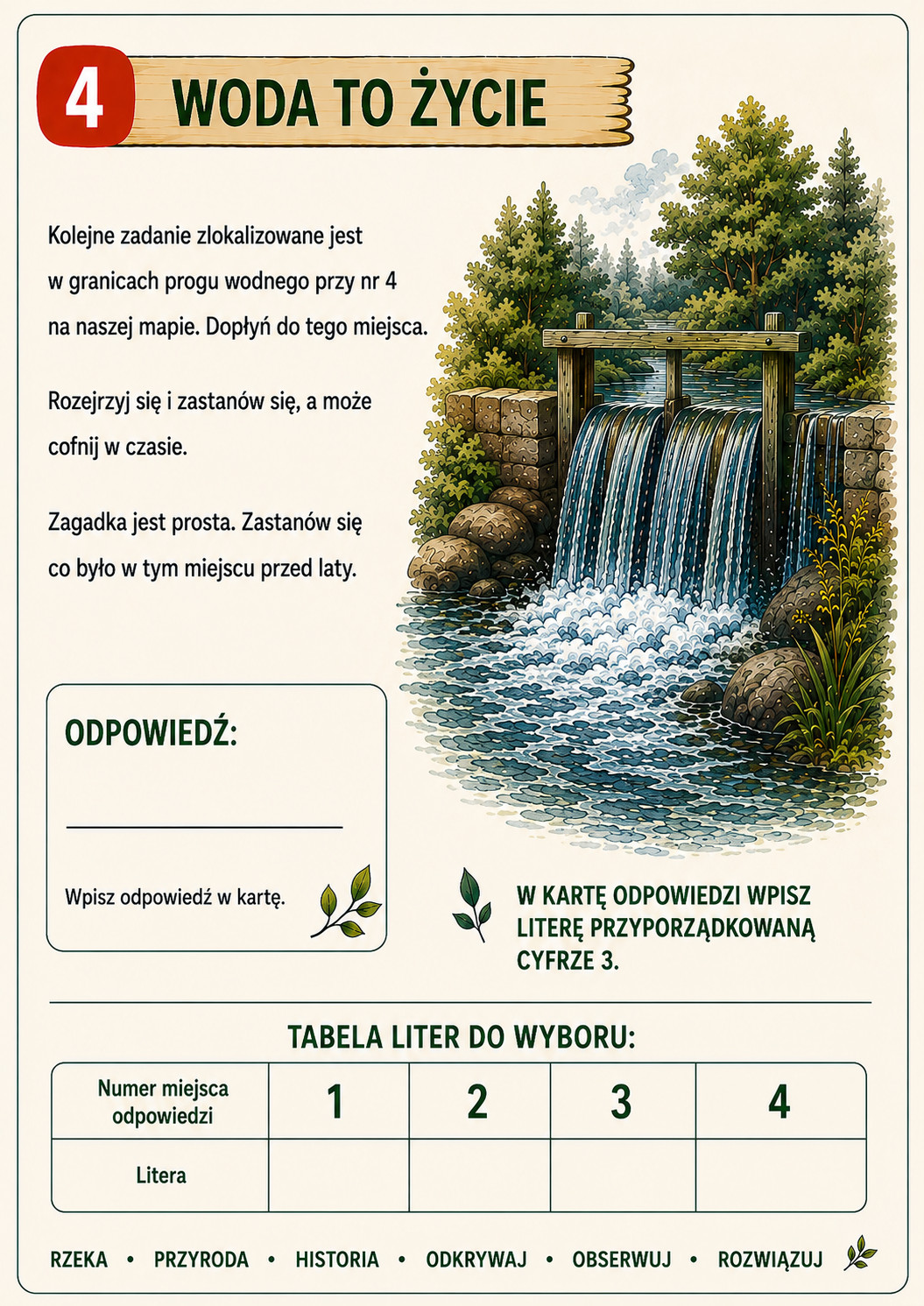 Zadanie 4: co było przed laty przy progu wodnym oznaczonym na mapie numerem 4? Do karty odpowiedzi trafia litera z miejsca 3.