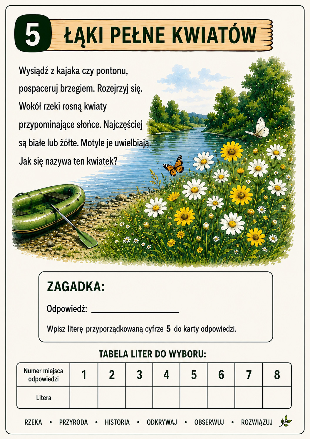 Zadanie 5: jak nazywa się biały lub żółty kwiat przypominający słońce, rosnący nad Wkrą? Do karty odpowiedzi trafia litera z miejsca 5.
