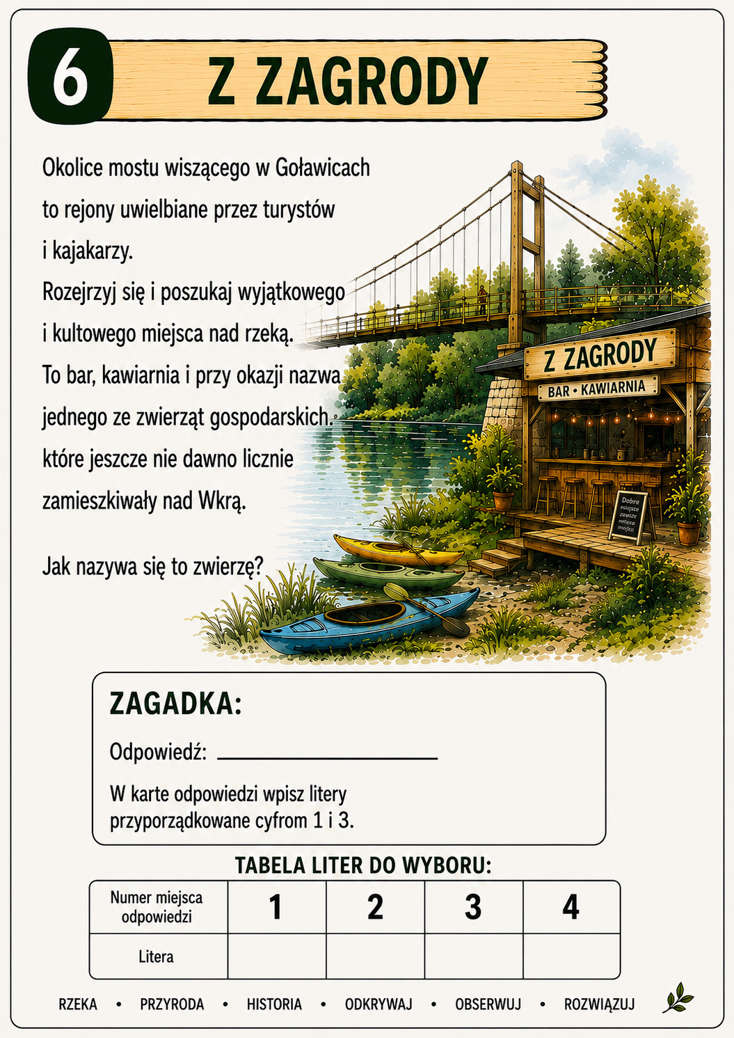 Zadanie 6: nazwa zwierzęcia gospodarskiego ukryta w nazwie baru i kawiarni przy moście wiszącym w Goławicach. Do karty odpowiedzi trafiają litery z miejsc 1 i 3.